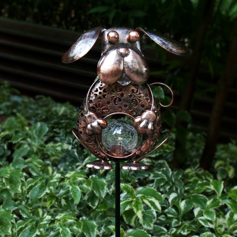 KAIXOXIN Garden Solar Lights Metal Dog Crackle Glass Globe Stake Light,Waterproof Warm White LED Solar Path Lights (Dog-Bronze) - Image 3